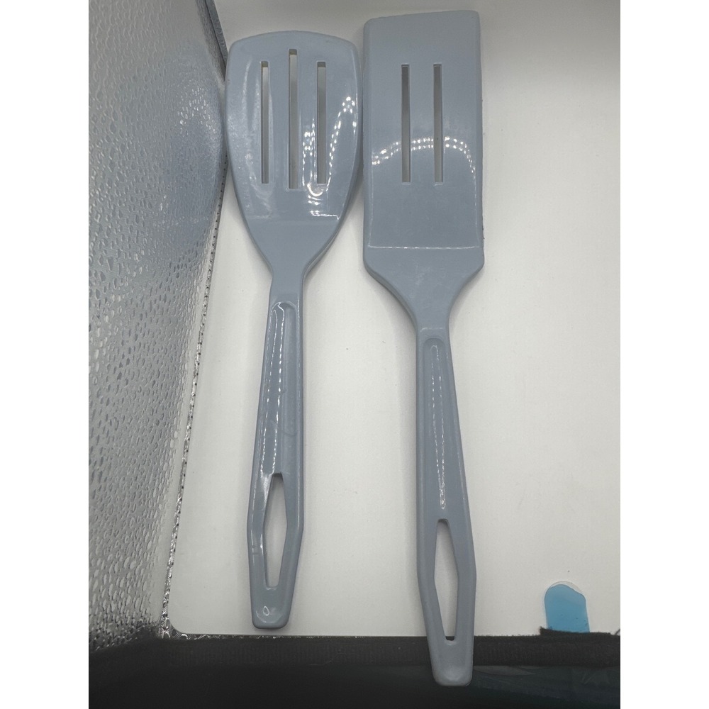 Vintage Style Blue Gray Melamine Slotted Spatula Turner Utensil Set 2 Piece